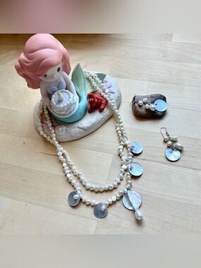 Vintage Freshwater Mother of Pearl  Necklace 925 Silver Hardware & Earrings Set